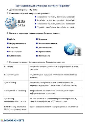 Тест задания для 10 класса на тему: -Big data-