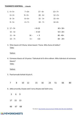 Teadmiste kontroll 1.klassile