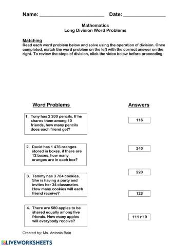 Long Division Word Problems