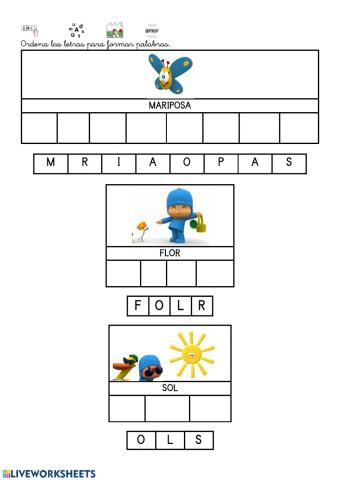 Coloca las letras para formar palabras