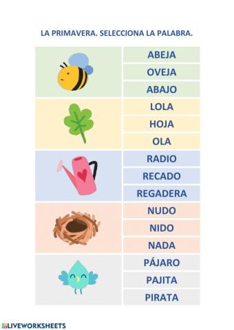 vocabulario de la primavera selecciona la palabra