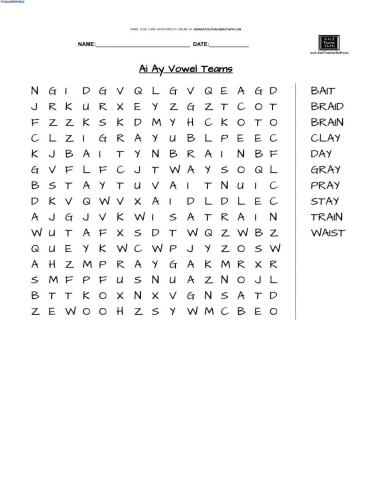 Ai Ay Team Vowel Word Search