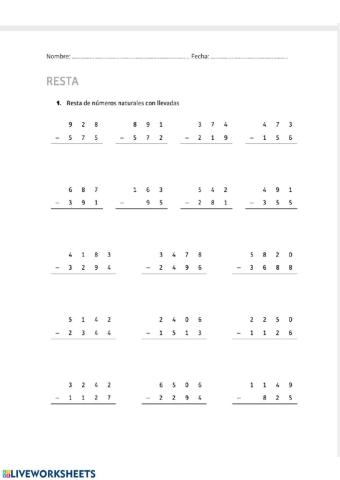 4. PARA PRACTICAR: Resta con llevadas