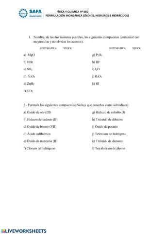 Formuación óxidos, hidruros e hidrácidos