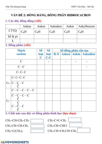 Ôn tập hidrocacbon: Đồng đẳng, đồng phân