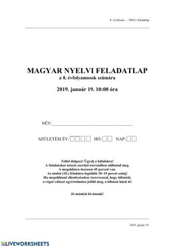 2019.01.19. Magyar nyelvtan feladatlap