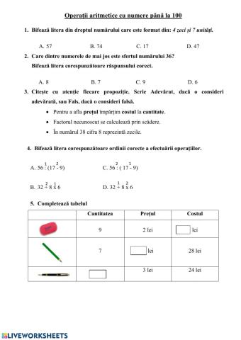 Operatii aritmetice cu numere pana la 100