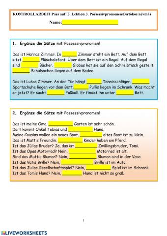 Possessivpronomen Kontrollarbeit 2.Pass auf! 3 Lektion 3. Klasse 7. Nyírlugos