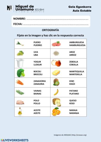 Ortografía 1 (lista de la compra)