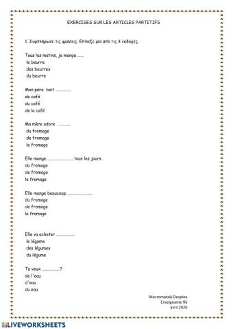 Exercices sur les articles partitifs