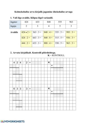 Kolmekohalise arvu kirjalik jagamine ühekohalise arvuga