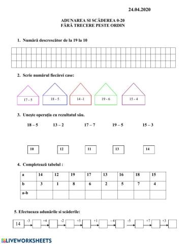 Adunarea si scaderea 0-20 fara trecere peste ordin