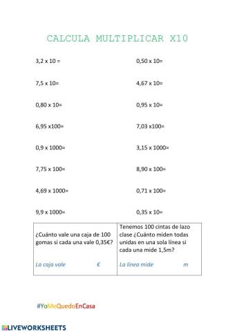 Multiplicar y dividir x10, 100, 1000