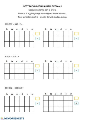 Sottrazioni con i numeri decimali