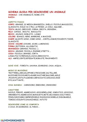 Schema - guida per testo descrittivo di animale