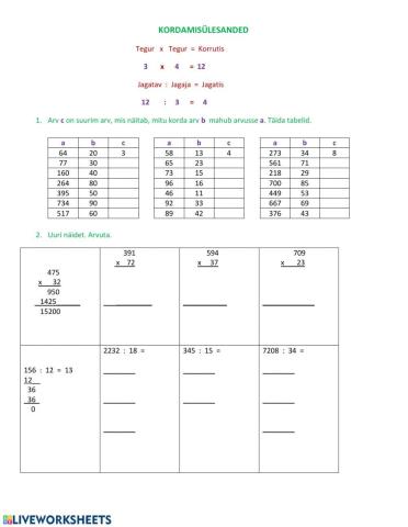Kordamine. kirjalik korrutamine ja jagamine,puuduva teguri leidmine