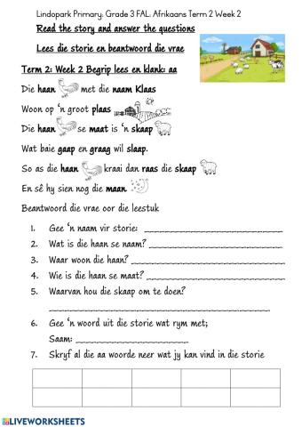 Grade 3: FAL Afrikaans: Term 2 Week 2 Worksheet 1: klank aa