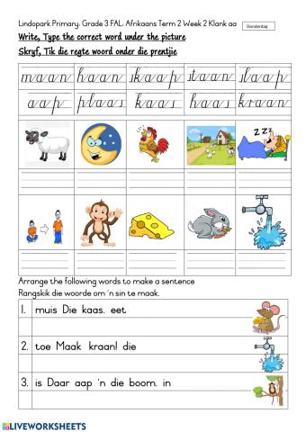 Grade 3: FAL Afrikaans Term 2 Week 2 Worksheet 3 aa-klank