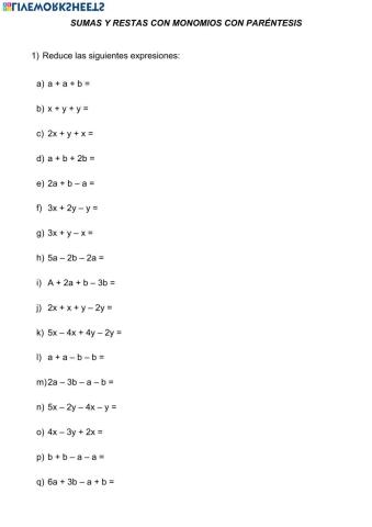 Sumas y restas de monomios con paréntesis