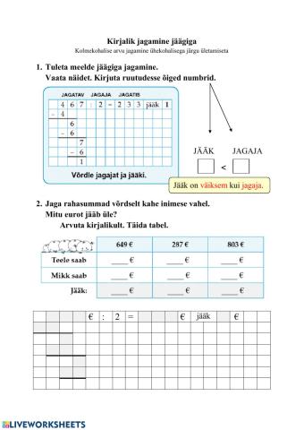 Kirjalik jagamine jäägiga (3-koh arv, järgu ületamiseta)