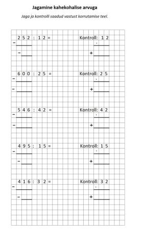 Kirjalik jagamine kahekohalise arvuga. Vastuse kontrollimine korrutamise teel.