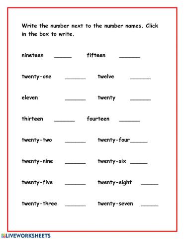 Number names 11 - 29