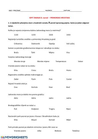 3. pisana provjera znanja - geografija 8 B grupa