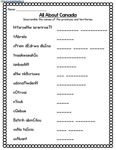 Canada - Province & Territory Unscramble