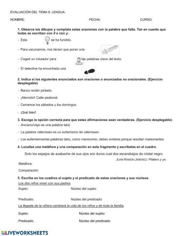 Evaluación lengua Tema 9