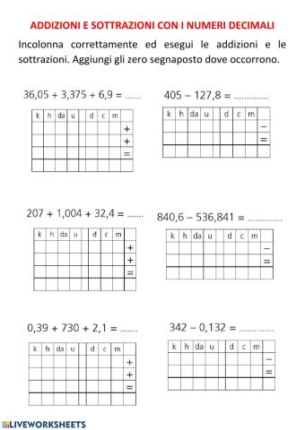 Addizioni e sottrazioni con i decimali