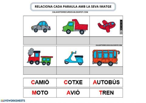 Relaciona cada imatge amb la seva paraula (vehicles)