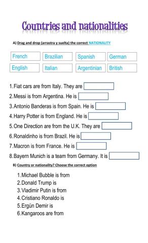 Countries and Nationalities Drag and Drop - Choose