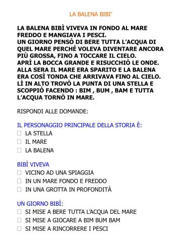 LA BALENA BIBI- COMPRENSIONE DEL TESTO CLASSE PRIMA