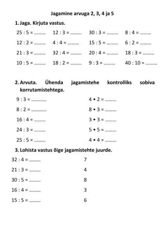 Jagamine arvuga 2, 3, 4 ja 5