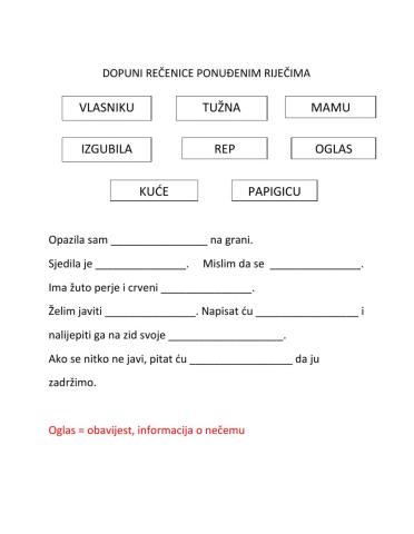 Dopuni rečenice: Izgubljena papigica