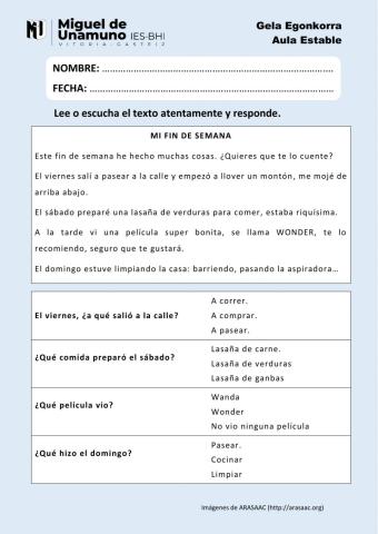 Comprensión oral: mi fin de semana