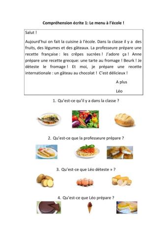 Compréhension écrite 1 : le menu à l’école