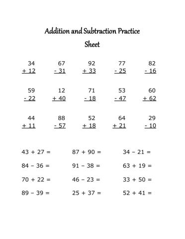 MA1- Tuesday (Addition and Subtraction Practice sheet)