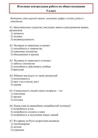 Итоговая контрольная работа по обществознанию