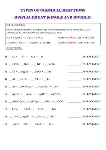 Types of reactions - double and single displacement