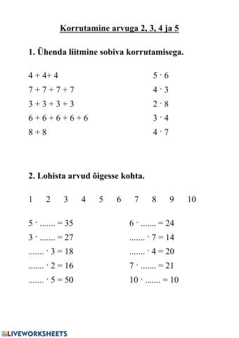 Korrutamine arvuga 2, 3, 4 ja 5