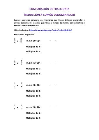 Comparación de Fracciones: reducción a común denominador