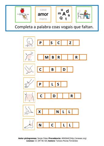 Completa o nome das articulacións coas vogais que faltan