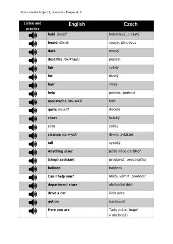 Slovní zásoba Project 1, 6A, B