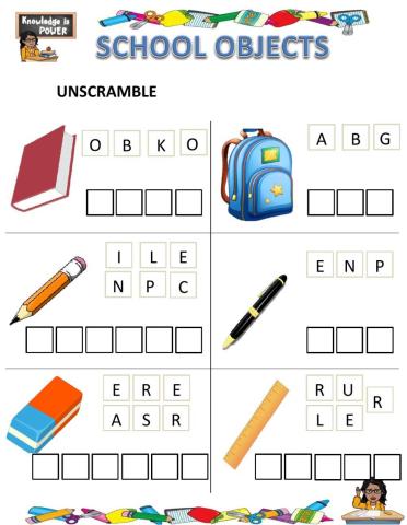 School objects (unscramble)