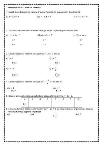 Nastavni listić - Linearna funkcija