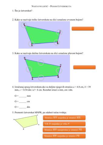 Nastavni listić - Pojam četverokuta