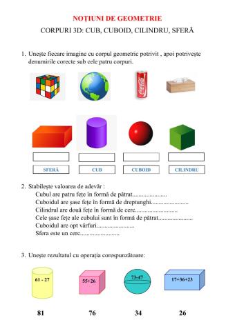 Noțiuni de geometrie- corpuri 3D, cub, cuboid, cilindru, sferă