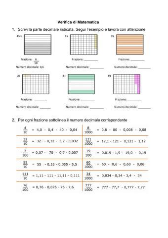 Verifica di Matematica sui numeri decimali