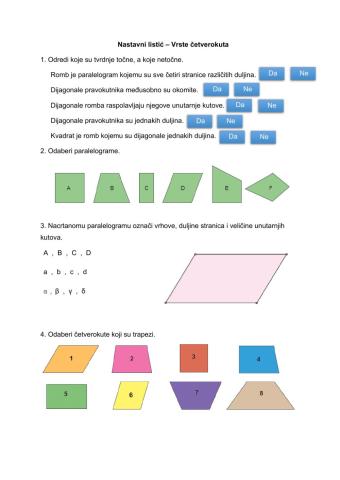 Nastavni listić - Vrste četverokuta